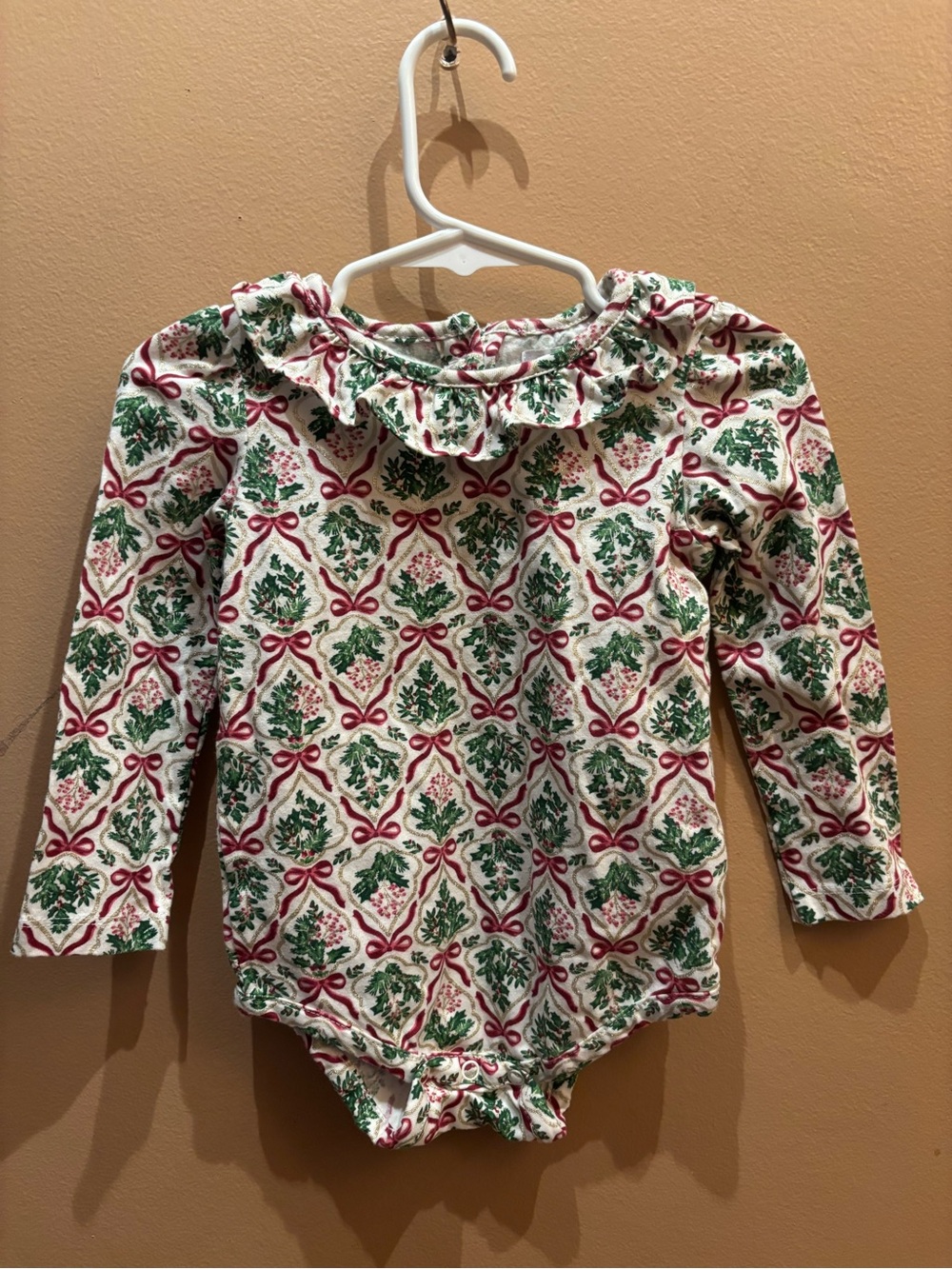 Tommy Bahama Christmas Holly Trellis long-sleeve ruffle bodysuit